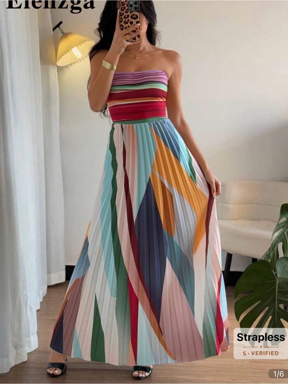 SHEIN Strapless Multicolor Pleated Maxi Dress